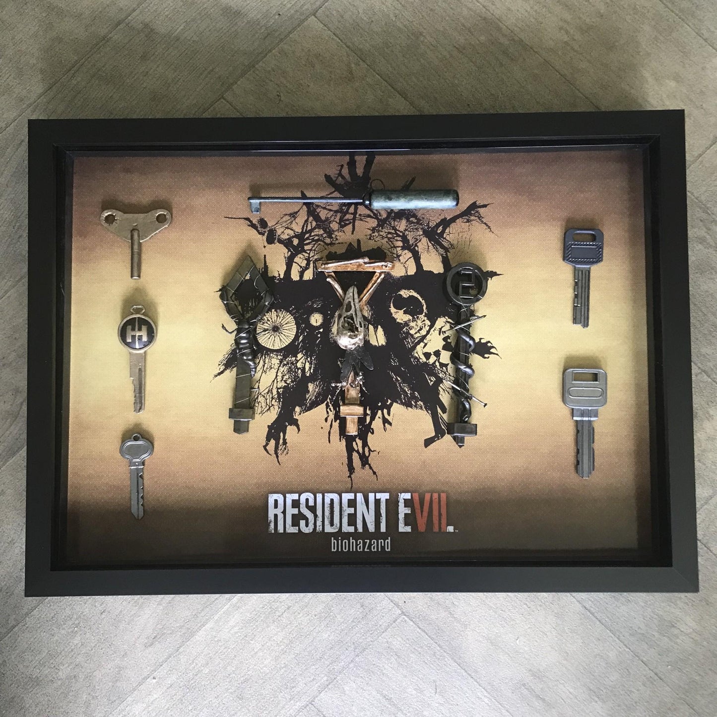 Resident Evil 7 Biohazard Key Collection! Handmade and Framed in a High Quality Shadow Box! Resident Evil Fans Dream! Gamer Gift