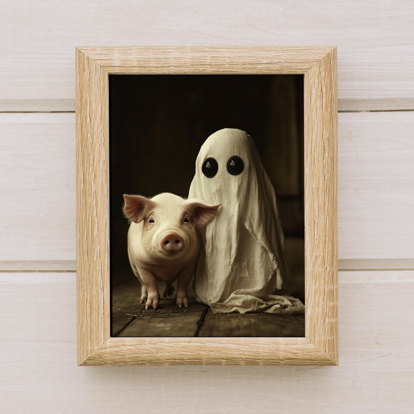Cute Ghost with a Pig Art Print Moody Gothic Aesthetic with Anime Cartoon Vibes, Funny and Whimsical Wall Art, Premium Satin Fine Art Paper