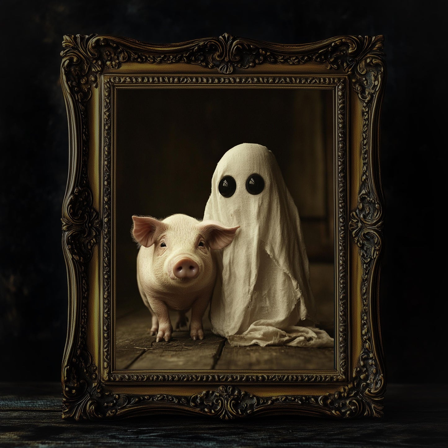 Cute Ghost with a Pig Art Print Moody Gothic Aesthetic with Anime Cartoon Vibes, Funny and Whimsical Wall Art, Premium Satin Fine Art Paper