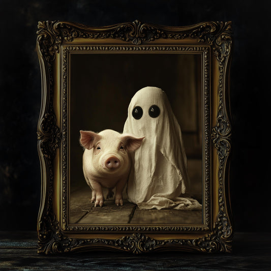 Cute Ghost with a Pig Art Print Moody Gothic Aesthetic with Anime Cartoon Vibes, Funny and Whimsical Wall Art, Premium Satin Fine Art Paper