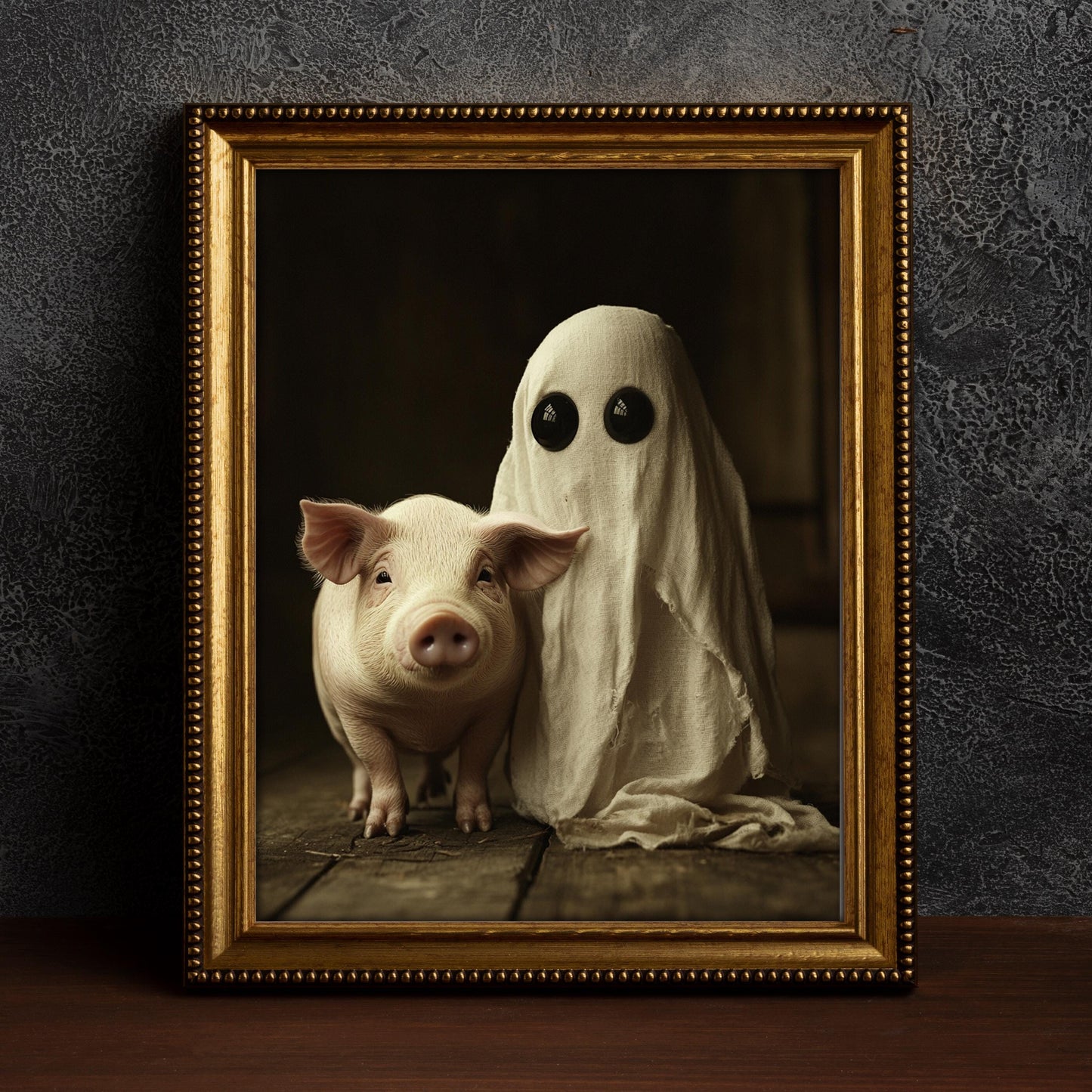 Cute Ghost with a Pig Art Print Moody Gothic Aesthetic with Anime Cartoon Vibes, Funny and Whimsical Wall Art, Premium Satin Fine Art Paper